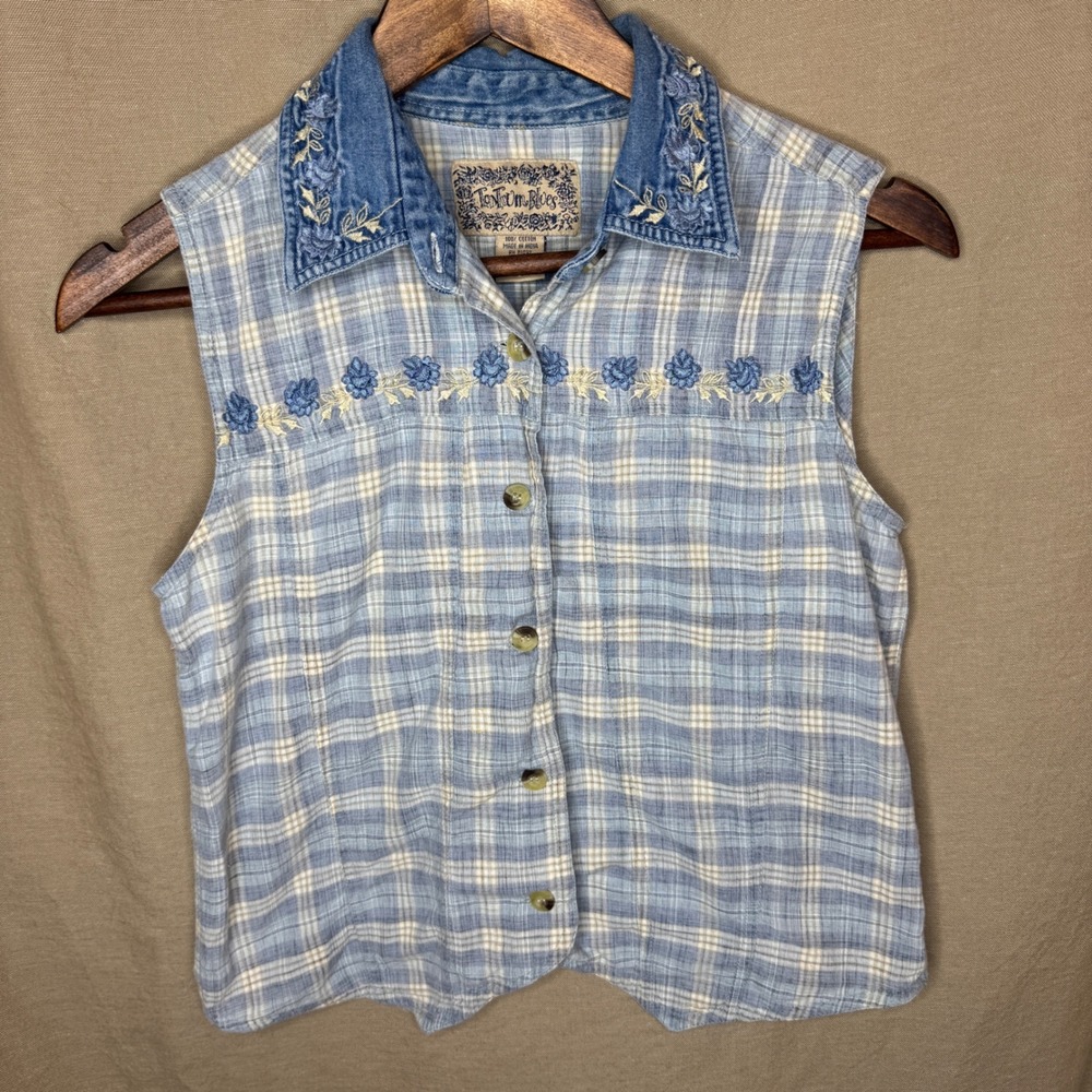 Vintage 90's Plaid Demin Button up CottageCore Grandmacore Tank Top Shirt